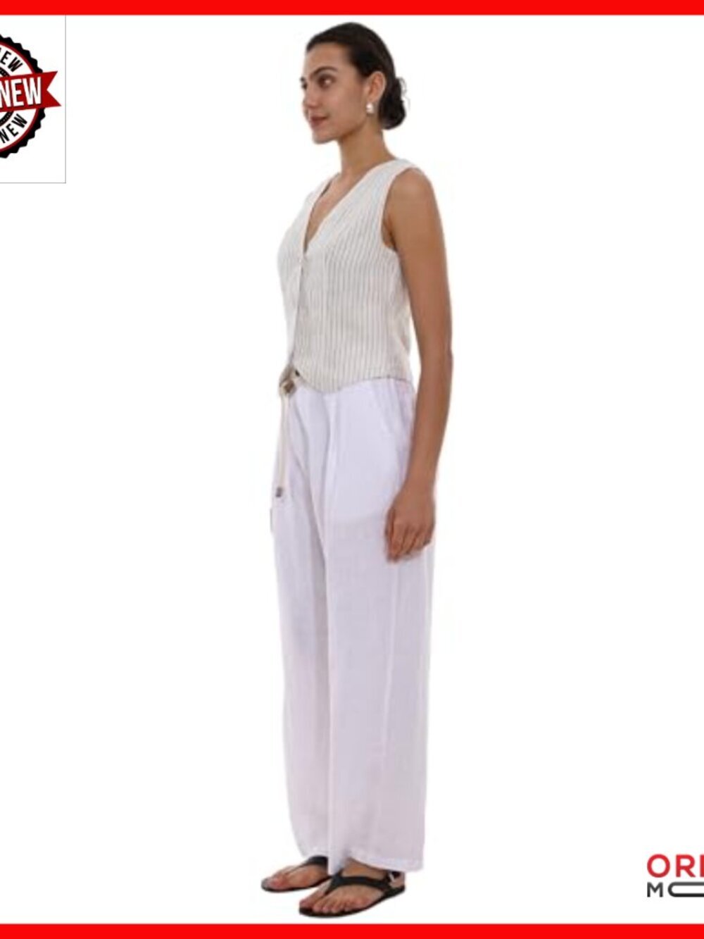 Linen Wide Leg Pants High Waisted Casual Trousers with Pockets Summer - Picture 6 of 7
